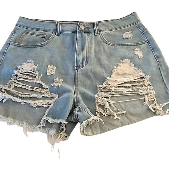 Shein Plus Size 0XL Distressed High Rise Denim Shorts Light Wash Frayed Hem - Picture 3 of 5